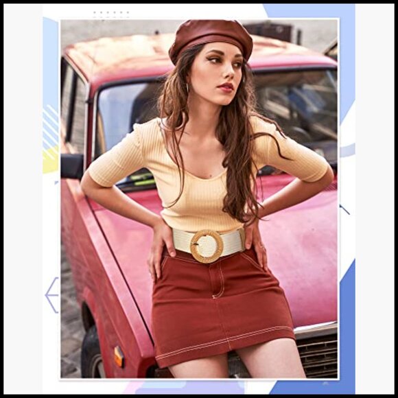 Straw Woven Elastic Skinny Belt with Rattan Buckle Adjustable Waist Band main image 4